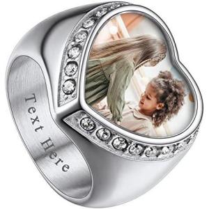 ChainsHouse Signet Rings Solid Polished Stainless Steel Biker Ring for Men Women, 316L Stainless Steel/18K Gold/Black Metal Plated, Text Engraving/Photo Custom, Size 7 to 14, Send Gift Box(b. CZ Heart Photo – Steel)