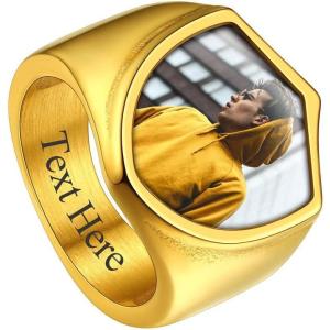 ChainsHouse Signet Rings Solid Polished Stainless Steel Biker Ring for Men Women, 316L Stainless Steel/18K Gold/Black Metal Plated, Text Engraving/Photo Custom, Size 7 to 14, Send Gift Box(e. Shield Photo – Gold)