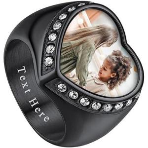 ChainsHouse Signet Rings Solid Polished Stainless Steel Biker Ring for Men Women, 316L Stainless Steel/18K Gold/Black Metal Plated, Text Engraving/Photo Custom, Size 7 to 14, Send Gift Box(b. CZ Heart Photo – Black)