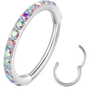 ORANGELOVE 20G 18G 16G Clear CZ Nose Ring Hoop 316L Surgical Steel Seamless Silver Septum Ring Clicker Jewelry Cartilage Earring Ear Piercing Hoop Earrings for Women Men Helix Rook Lobe Conch Tragus Daith Lip Hinged Piercing Jewelry with Cubic Zirconia(1pc/Rainbow CZ 20G 8mm Silver)