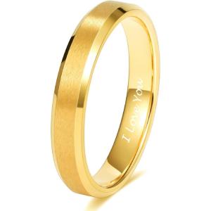 TRUMIUM 2mm 4mm 6mm 8mm 24k Gold Plated Tungsten Rings for Men Women Wedding Bands Matte Finish Beveled Edges Comfort Fit Size 4-13(4mm I Love You Engraved)