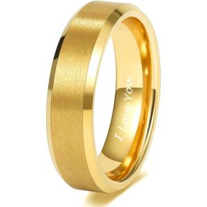 TRUMIUM 2mm 4mm 6mm 8mm 24k Gold Plated Tungsten Rings for Men Women Wedding Bands Matte Finish Beveled Edges Comfort Fit Size 4-13(6mm I Love You Engraved)