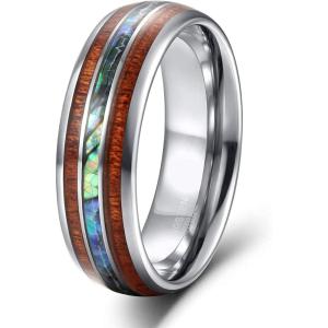 TRUMIUM 8mm Hawaiian Koa Wood and Abalone Shell Tungsten Carbide Rings Wedding Bands for Men Comfort Fit Size 6-13