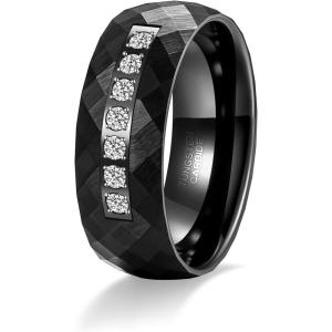 TRUMIUM 8mm Tungsten Rings for Men Women Hammered Black Blue Men’s Rings White Cubic Zirconia Inlay Matte Finished Engagement Promise Wedding Bands Comfort Fit Size 7-13(8mm Black Hammered)