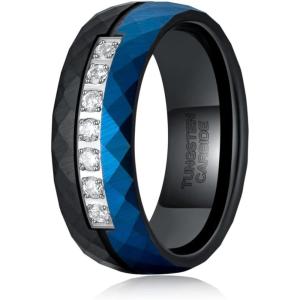 TRUMIUM 8mm Tungsten Rings for Men Women Hammered Black Blue Men’s Rings White Cubic Zirconia Inlay Matte Finished Engagement Promise Wedding Bands Comfort Fit Size 7-13(8mm Cubic Zirconia Hammered)