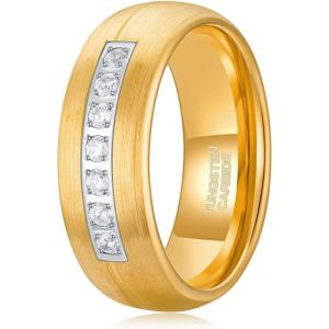 TRUMIUM 8mm Tungsten Rings for Men Women Hammered Black Blue Men’s Rings White Cubic Zirconia Inlay Matte Finished Engagement Promise Wedding Bands Comfort Fit Size 7-13(8mm Gold Channel)