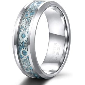 TRUMIUM 8mm Tungsten Rings for Men Women Silver Blue Rose Gold Black Tungsten Wedding Band Gear Steampunk Wheel Carbon Fiber Ring Comfort Fit Size 6-13(8mm Silver Stempunk)