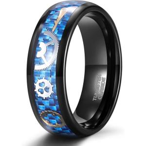 TRUMIUM 8mm Tungsten Rings for Men Women Silver Blue Rose Gold Black Tungsten Wedding Band Gear Steampunk Wheel Carbon Fiber Ring Comfort Fit Size 6-13(Blue Carbon Fiber)