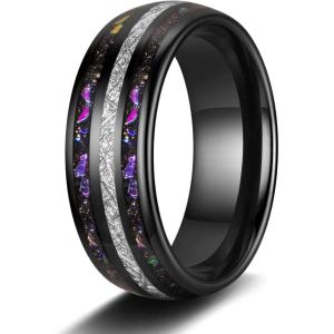 TRUMIUM Mens Wedding Rings 8mm Galaxy Opal and Meteorite Inlay Black Tungsten Carbide Ring Engagement Band Beveled Edges Comfort Fit Size 6-13(8mm Color Opals)