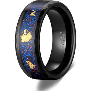 TRUMIUM Mens Wedding Rings 8mm Galaxy Opal and Meteorite Inlay Black Tungsten Carbide Ring Engagement Band Beveled Edges Comfort Fit Size 6-13(Opal Hammered Edges-8mm)
