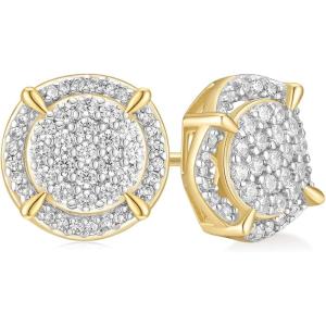 TRUMIUM Sterling Silver Earrings for Men Gold Plated and Silver Plated Halo Diamond Round Cz Stud Earrings Screw Back Hypoallergenic