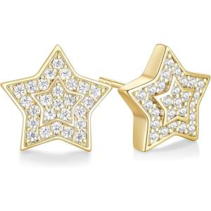 TRUMIUM Stud Earrings for Men Women Big Star Earrings Cubic Zirconia Hip Hop Rapper Singer Screw Back Hypoallergenic(Star-Gold)