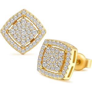 TRUMIUM Stud Earrings for Men Women Silver Gold Plated Layered Iced Out Sterling Silver Cz Earrings Hypoallergenic(Square)