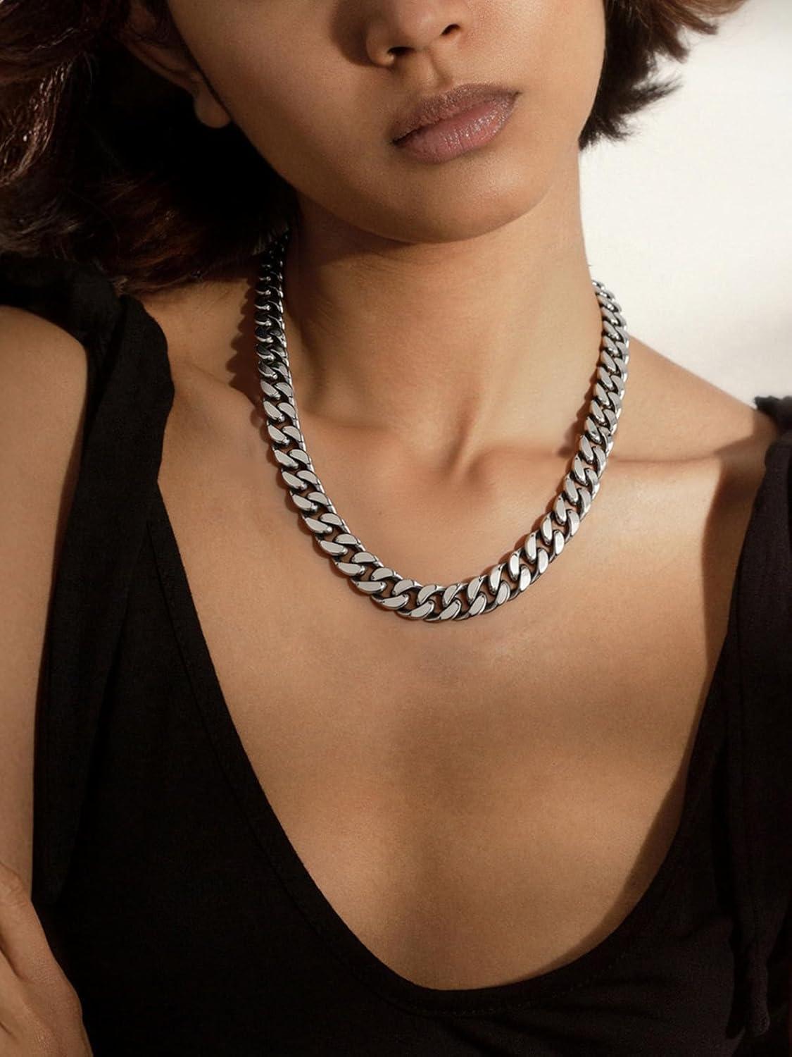 imageChainsHouse Chunky Cuban Link Chain Necklace for Women Stainless Steel Gold Chain Necklace 51214mm Width Hip Hop Cuban Chain Choker for Women Men Jewelry GiftsFSteel 14mm