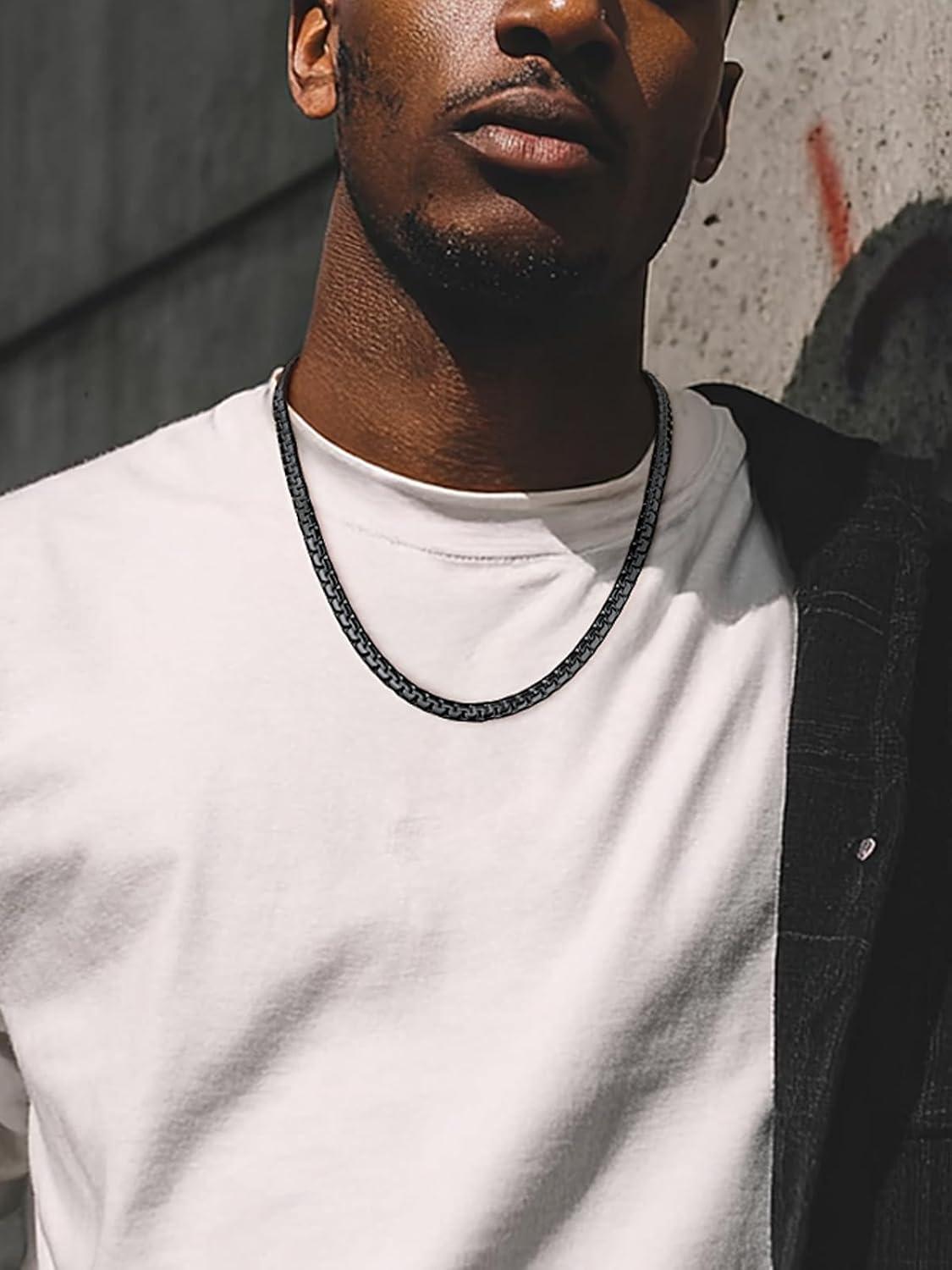 imageChainsHouse Flat Box Chain Necklace Men 2468mm Round Link Chain Necklaces Stainless SteelBlack14K Gold Plated Mens Jewelry 14quot30quot Length Come Gift BoxB6mmblack