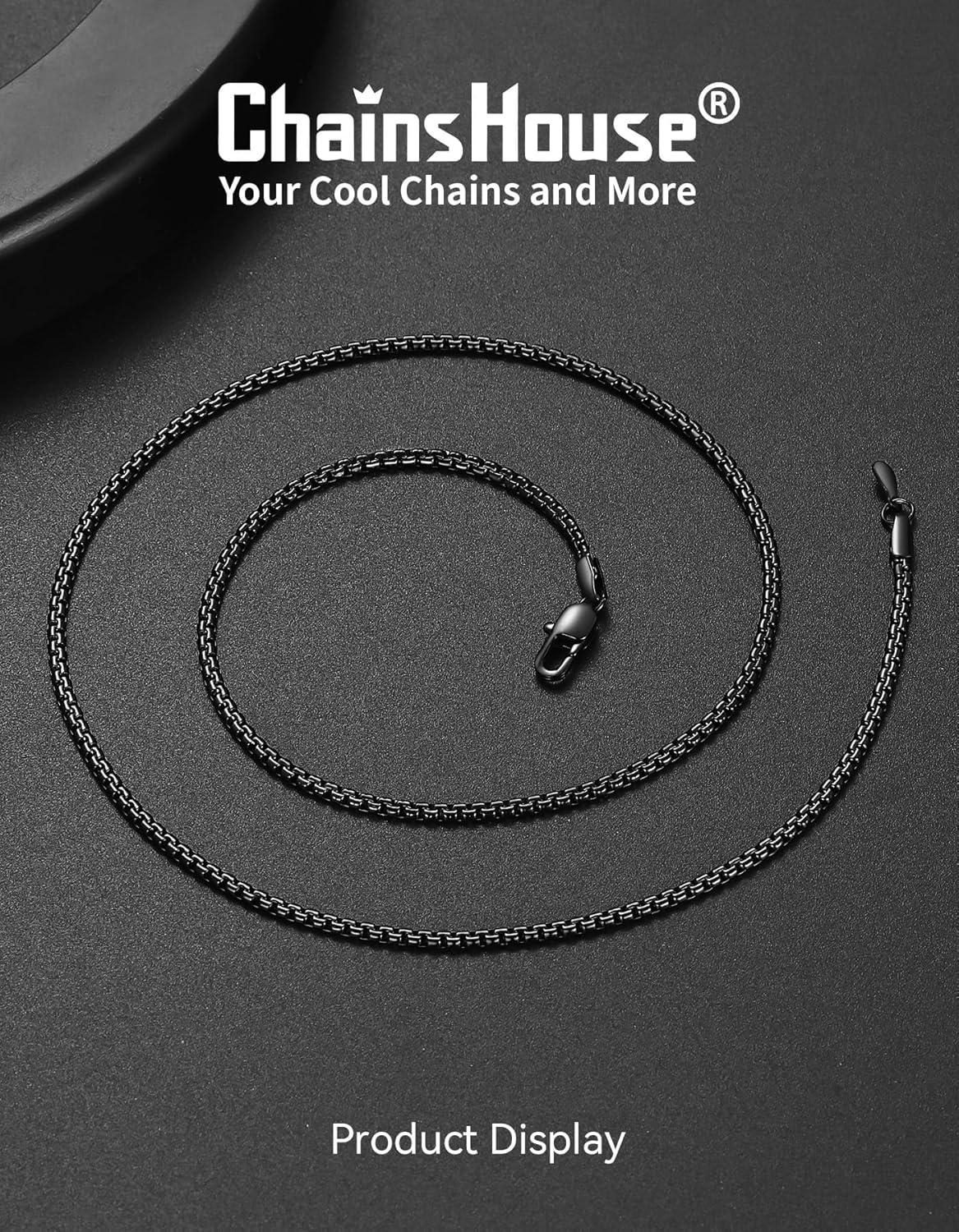 imageChainsHouse Flat Box Chain Necklace Men 2468mm Round Link Chain Necklaces Stainless SteelBlack14K Gold Plated Mens Jewelry 14quot30quot Length Come Gift BoxB2mmblack