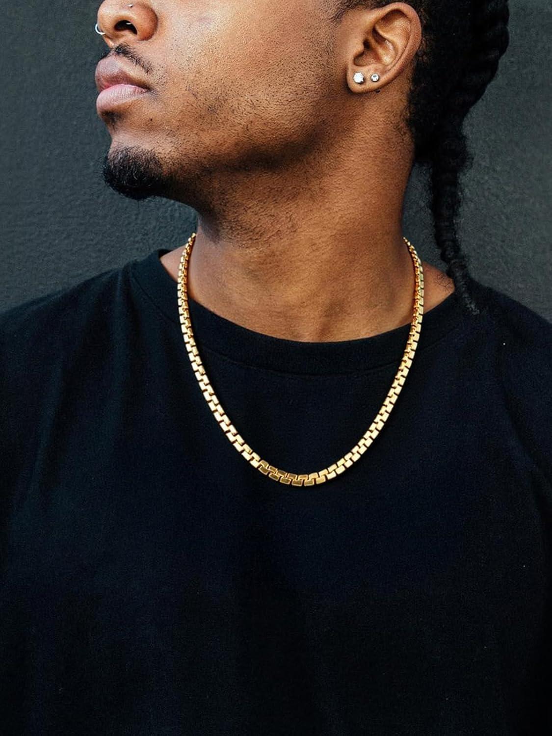 imageChainsHouse Flat Box Chain Necklace Men 2468mm Round Link Chain Necklaces Stainless SteelBlack14K Gold Plated Mens Jewelry 14quot30quot Length Come Gift BoxC8mmgold plated