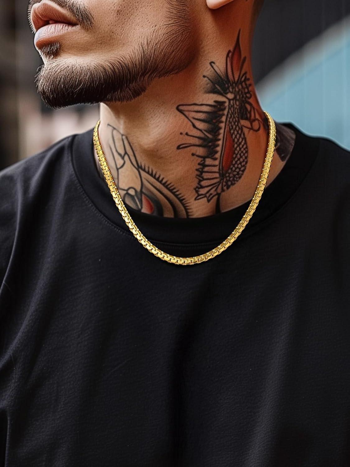 imageChainsHouse Flat Box Chain Necklace Men 2468mm Round Link Chain Necklaces Stainless SteelBlack14K Gold Plated Mens Jewelry 14quot30quot Length Come Gift BoxC6mmgold plated