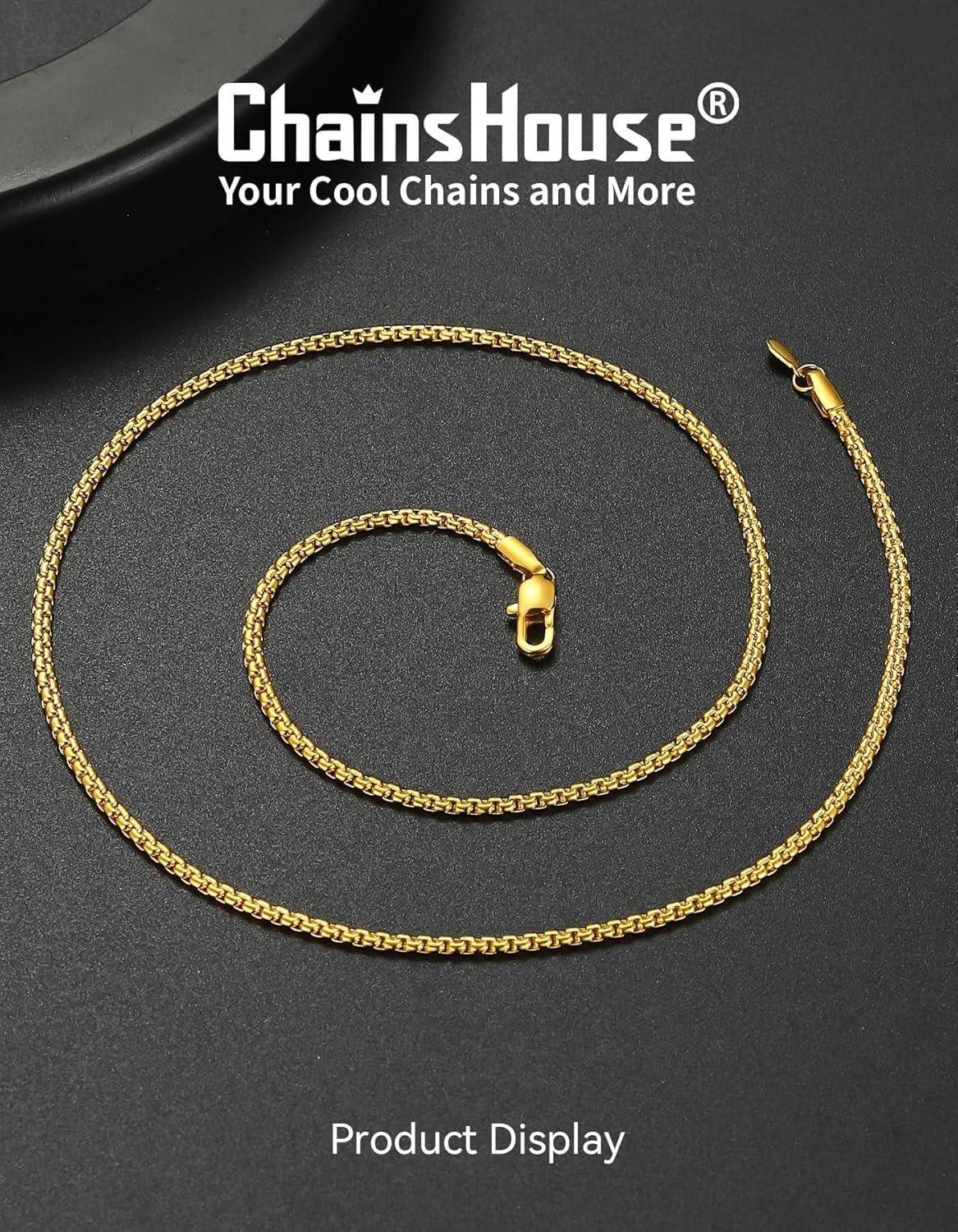 imageChainsHouse Flat Box Chain Necklace Men 2468mm Round Link Chain Necklaces Stainless SteelBlack14K Gold Plated Mens Jewelry 14quot30quot Length Come Gift BoxC2mmgold plated