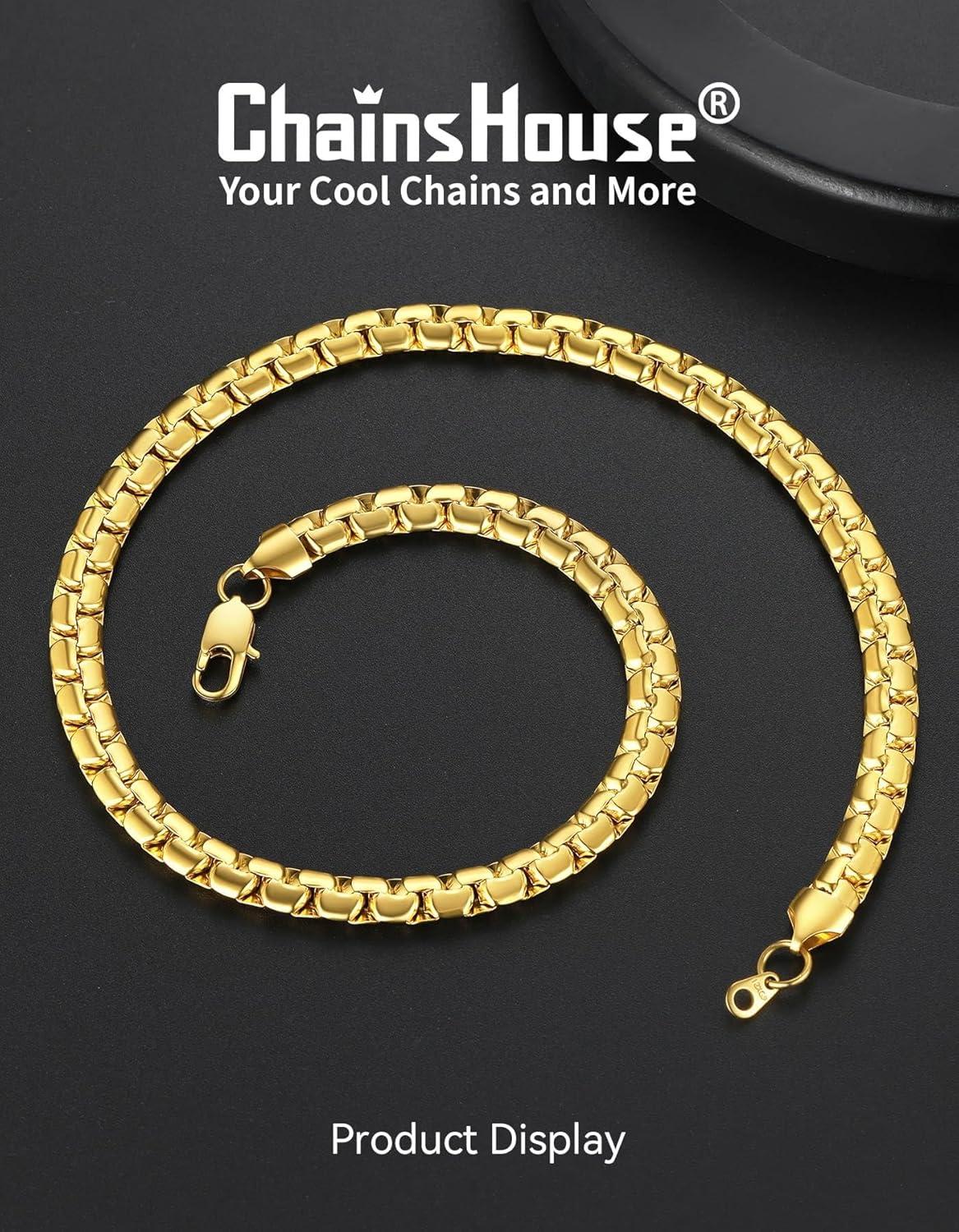 imageChainsHouse Flat Box Chain Necklace Men 2468mm Round Link Chain Necklaces Stainless SteelBlack14K Gold Plated Mens Jewelry 14quot30quot Length Come Gift BoxC8mmgold plated