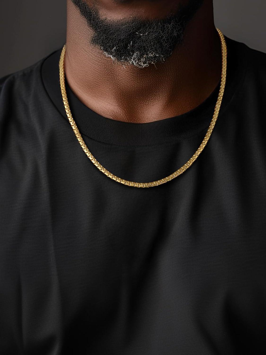 imageChainsHouse Flat Box Chain Necklace Men 2468mm Round Link Chain Necklaces Stainless SteelBlack14K Gold Plated Mens Jewelry 14quot30quot Length Come Gift BoxC4mmgold plated