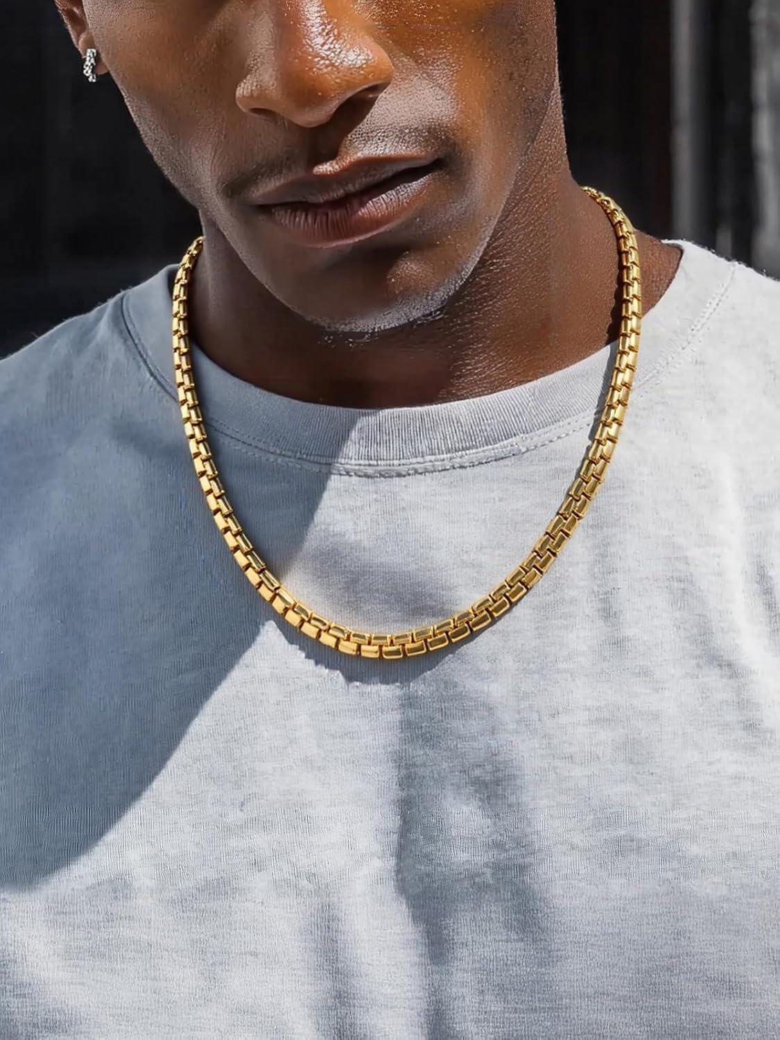 imageChainsHouse Flat Box Chain Necklace Men 2468mm Round Link Chain Necklaces Stainless SteelBlack14K Gold Plated Mens Jewelry 14quot30quot Length Come Gift BoxC8mmgold plated