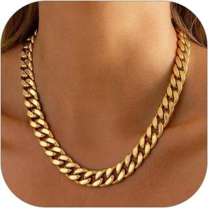 ChainsHouse Chunky Cuban Link Chain Necklace for Women, Stainless Steel Gold Chain Necklace, 5/12/14mm Width Hip Hop Cuban Chain Choker for Women Men Jewelry Gifts(C:Gold- 14mm)