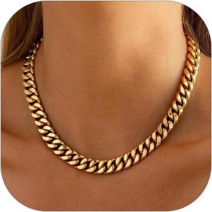 ChainsHouse Chunky Cuban Link Chain Necklace for Women, Stainless Steel Gold Chain Necklace, 5/12/14mm Width Hip Hop Cuban Chain Choker for Women Men Jewelry Gifts(B:Gold- 12mm)