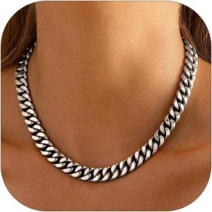 ChainsHouse Chunky Cuban Link Chain Necklace for Women, Stainless Steel Gold Chain Necklace, 5/12/14mm Width Hip Hop Cuban Chain Choker for Women Men Jewelry Gifts(E:Steel- 12mm)