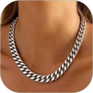 ChainsHouse Chunky Cuban Link Chain Necklace for Women, Stainless Steel Gold Chain Necklace, 5/12/14mm Width Hip Hop Cuban Chain Choker for Women Men Jewelry Gifts(F:Steel- 14mm)