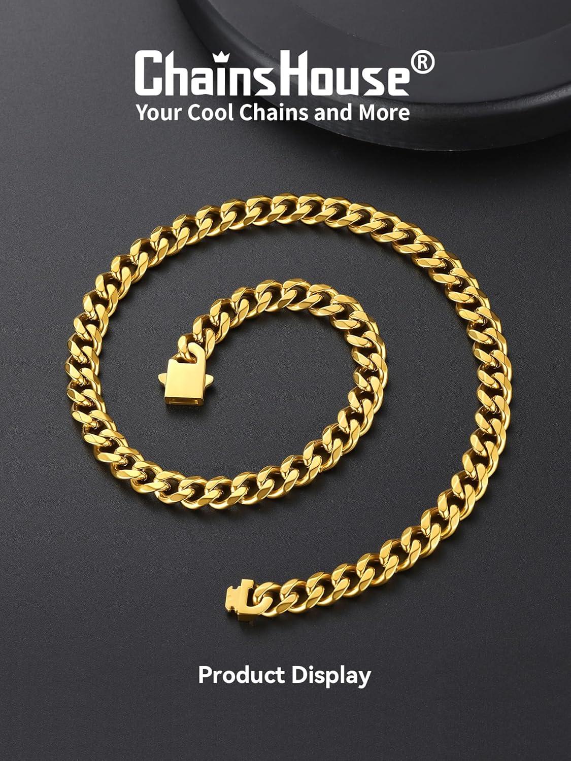 imageChainsHouse Cuban Chain Necklace for Men Stainless SteelBlackGold Plated Miami Cuban Necklace 6912MM Width 18quot30quot Length Hip Hop Jewelry Send Gift Boxf 9mm widthgold plated