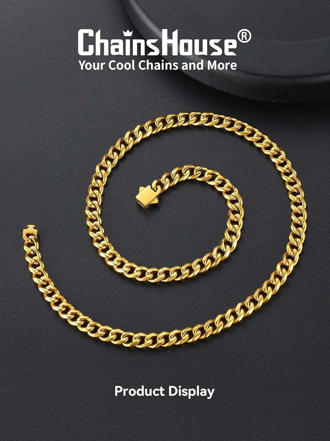 imageChainsHouse Cuban Chain Necklace for Men Stainless SteelBlackGold Plated Miami Cuban Necklace 6912MM Width 18quot30quot Length Hip Hop Jewelry Send Gift Boxe 6mm widthgold plated