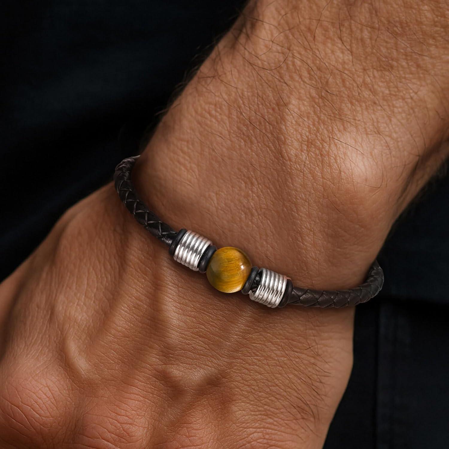 imageTRUMIUM Beaded Bracelets for Men Women Natural 10mm Tiger Eyes Mens Leather Bracelet Gemstone Jewelry for Him 75839 Inch LengthSilver