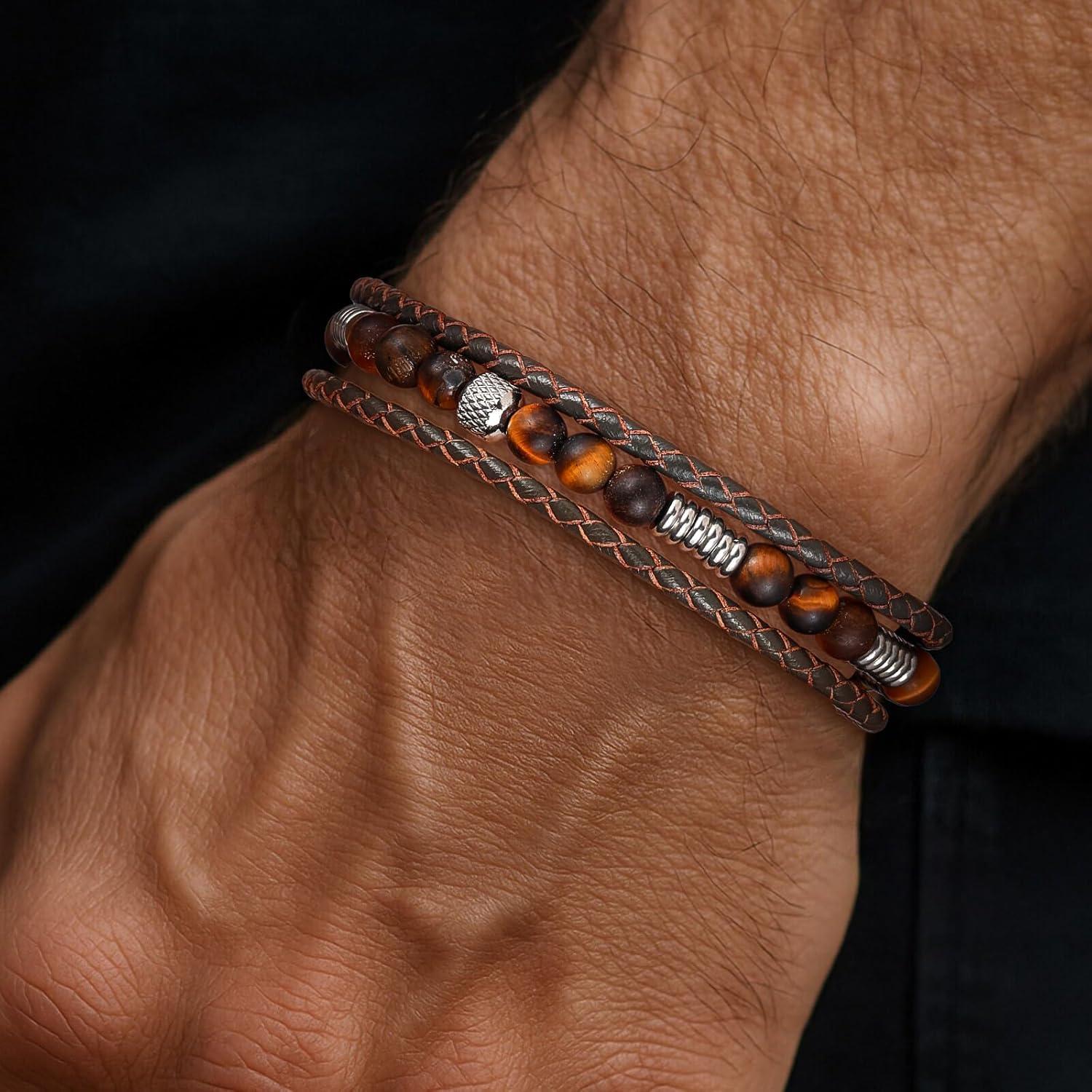 imageTRUMIUM Beaded Leather Bracelets for Men Braided Natural Tiger Eyes Mens Bracelet Brown MultiLayer Jewelry for Him 75839 Inch LengthBrown Leather