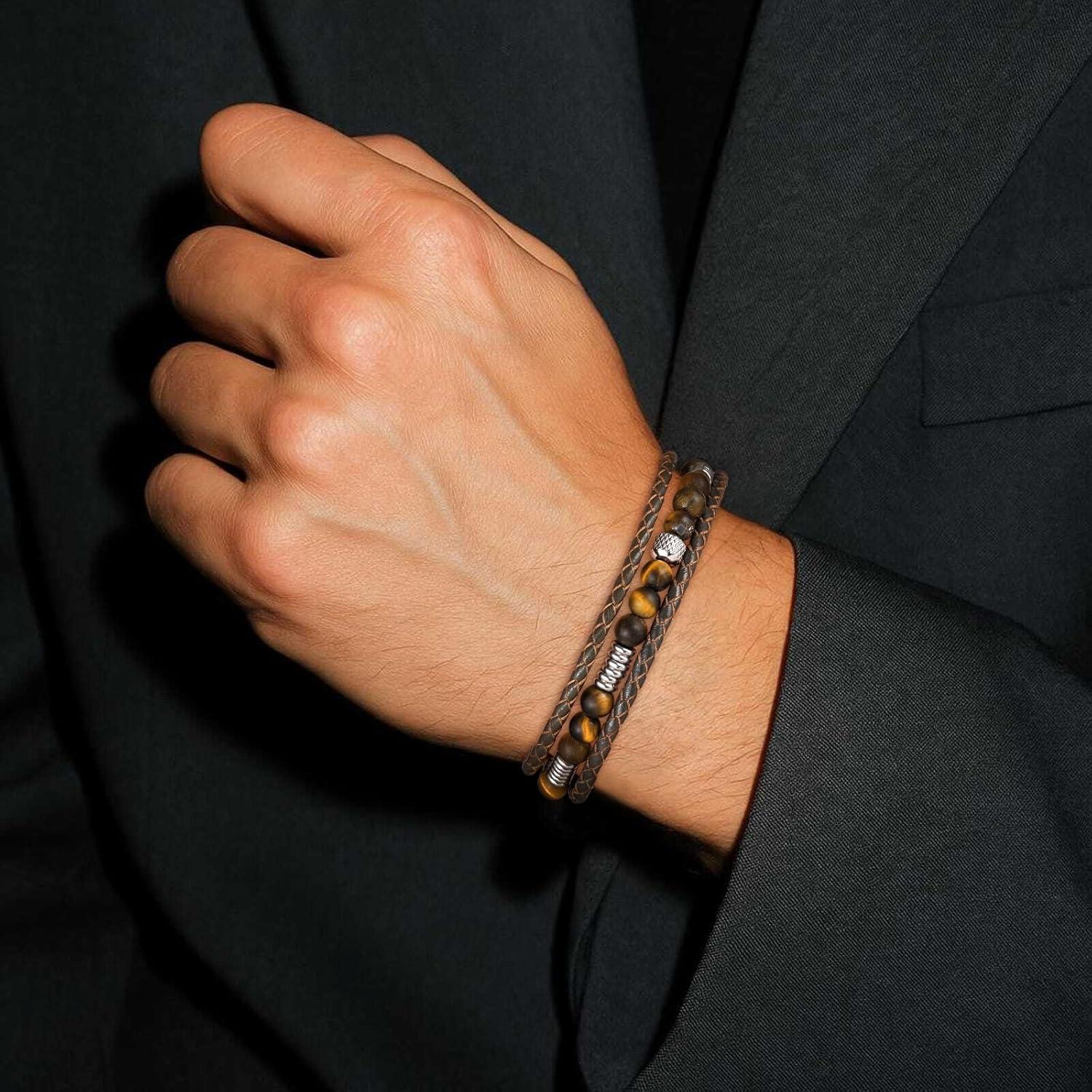imageTRUMIUM Beaded Leather Bracelets for Men Braided Natural Tiger Eyes Mens Bracelet Brown MultiLayer Jewelry for Him 75839 Inch LengthBrown Leather