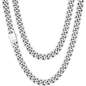 ChainsHouse Cuban Chain Necklace for Men, Stainless Steel/Black/Gold Plated Miami Cuban Necklace 6/9/12MM Width 18″-30″ Length Hip Hop Jewelry, Send Gift Box(a. 9mm width-steel)
