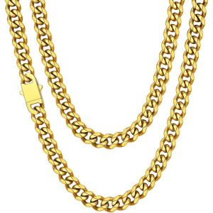 ChainsHouse Cuban Chain Necklace for Men, Stainless Steel/Black/Gold Plated Miami Cuban Necklace 6/9/12MM Width 18″-30″ Length Hip Hop Jewelry, Send Gift Box(f. 9mm width-gold plated)