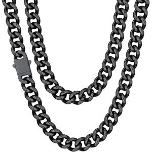 ChainsHouse Cuban Chain Necklace for Men, Stainless Steel/Black/Gold Plated Miami Cuban Necklace 6/9/12MM Width 18″-30″ Length Hip Hop Jewelry, Send Gift Box(d. 12mm width-black)
