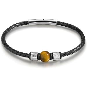 TRUMIUM Beaded Bracelets for Men Women Natural 10mm Tiger Eyes Mens Leather Bracelet Gemstone Jewelry for Him 7.5/8.3/9 Inch Length(Silver)