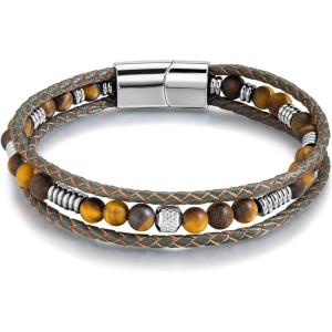TRUMIUM Beaded Leather Bracelets for Men Braided Natural Tiger Eyes Mens Bracelet Brown Multi-Layer Jewelry for Him 7.5/8.3/9 Inch Length(Brown Leather)