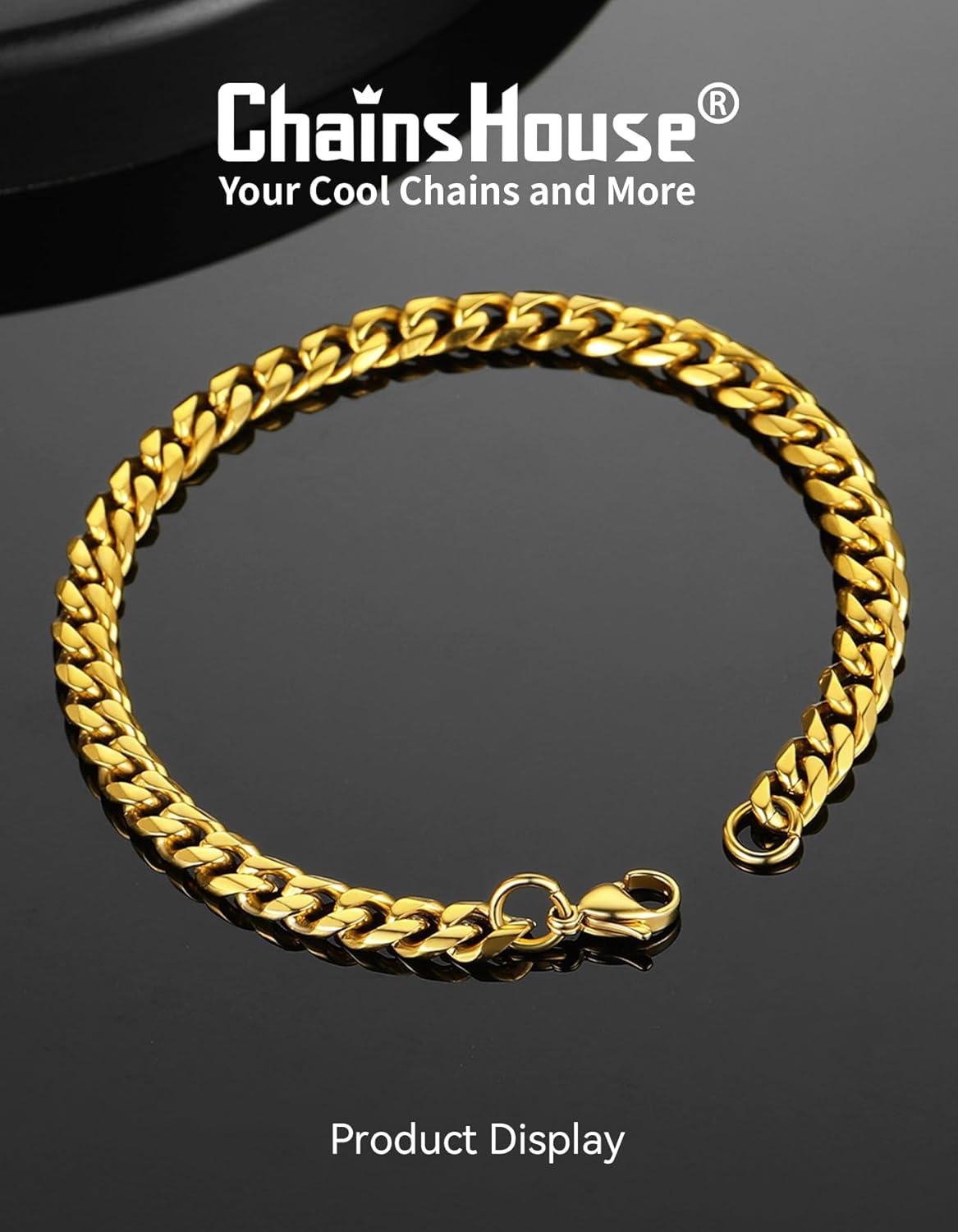 imageChainsHouse Cuban Link Bracelet for Men Stainless Steel Mens Bracelet 3MM6MM9MM12MM Width Cuban Chain Wrist Bracelets 63quot83quot Length Send Gift BoxB6MMGold