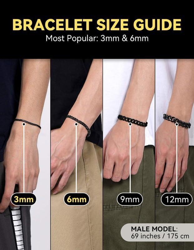 imageChainsHouse Cuban Link Bracelet for Men Stainless Steel Mens Bracelet 3MM6MM9MM12MM Width Cuban Chain Wrist Bracelets 63quot83quot Length Send Gift BoxA3MMBlack