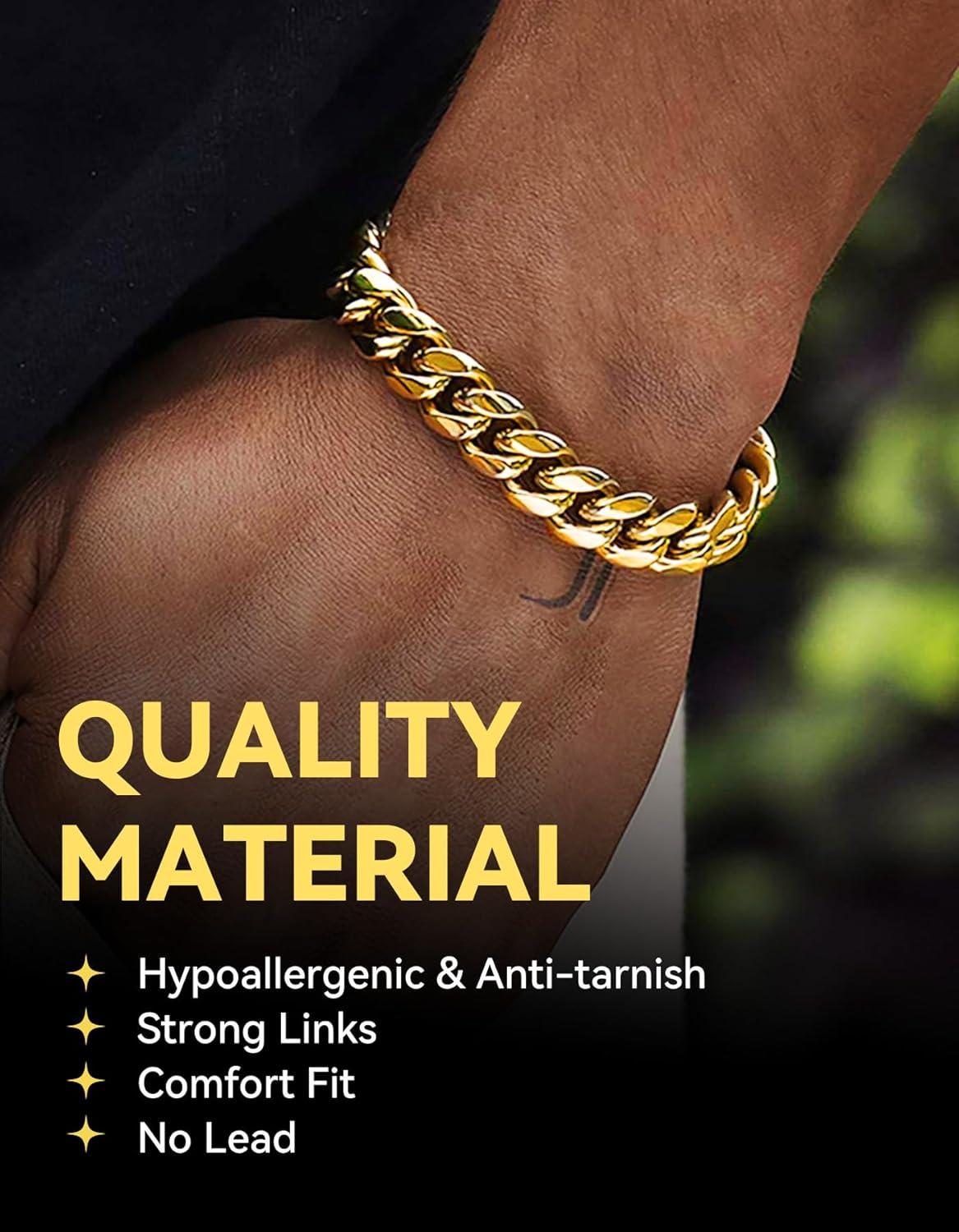 imageChainsHouse Cuban Link Bracelet for Men Stainless Steel Mens Bracelet 3MM6MM9MM12MM Width Cuban Chain Wrist Bracelets 63quot83quot Length Send Gift BoxD12MMGold