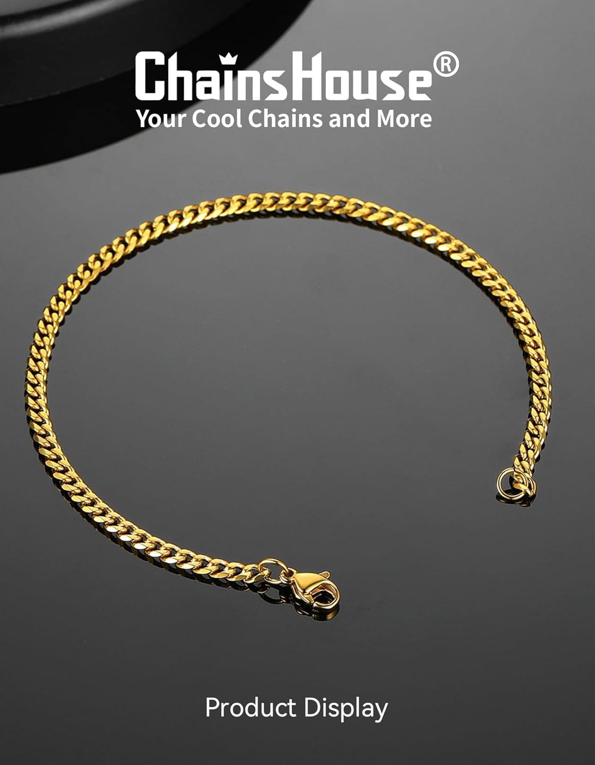 imageChainsHouse Cuban Link Bracelet for Men Stainless Steel Mens Bracelet 3MM6MM9MM12MM Width Cuban Chain Wrist Bracelets 63quot83quot Length Send Gift BoxA3MMGold
