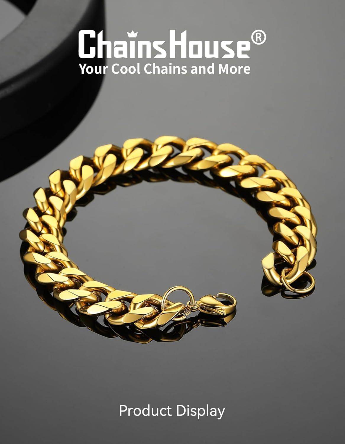 imageChainsHouse Cuban Link Bracelet for Men Stainless Steel Mens Bracelet 3MM6MM9MM12MM Width Cuban Chain Wrist Bracelets 63quot83quot Length Send Gift BoxD12MMGold