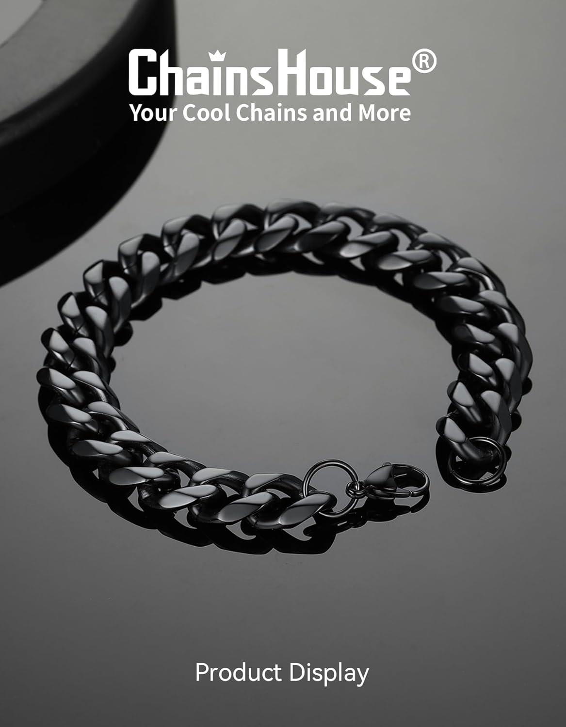 imageChainsHouse Cuban Link Bracelet for Men Stainless Steel Mens Bracelet 3MM6MM9MM12MM Width Cuban Chain Wrist Bracelets 63quot83quot Length Send Gift BoxD12MMBlack