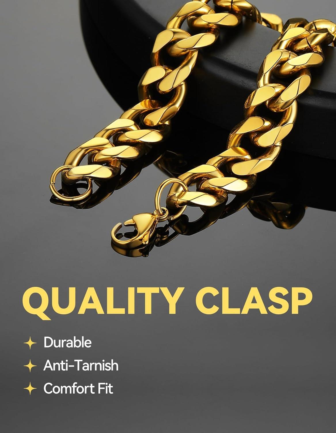 imageChainsHouse Cuban Link Bracelet for Men Stainless Steel Mens Bracelet 3MM6MM9MM12MM Width Cuban Chain Wrist Bracelets 63quot83quot Length Send Gift BoxD12MMGold
