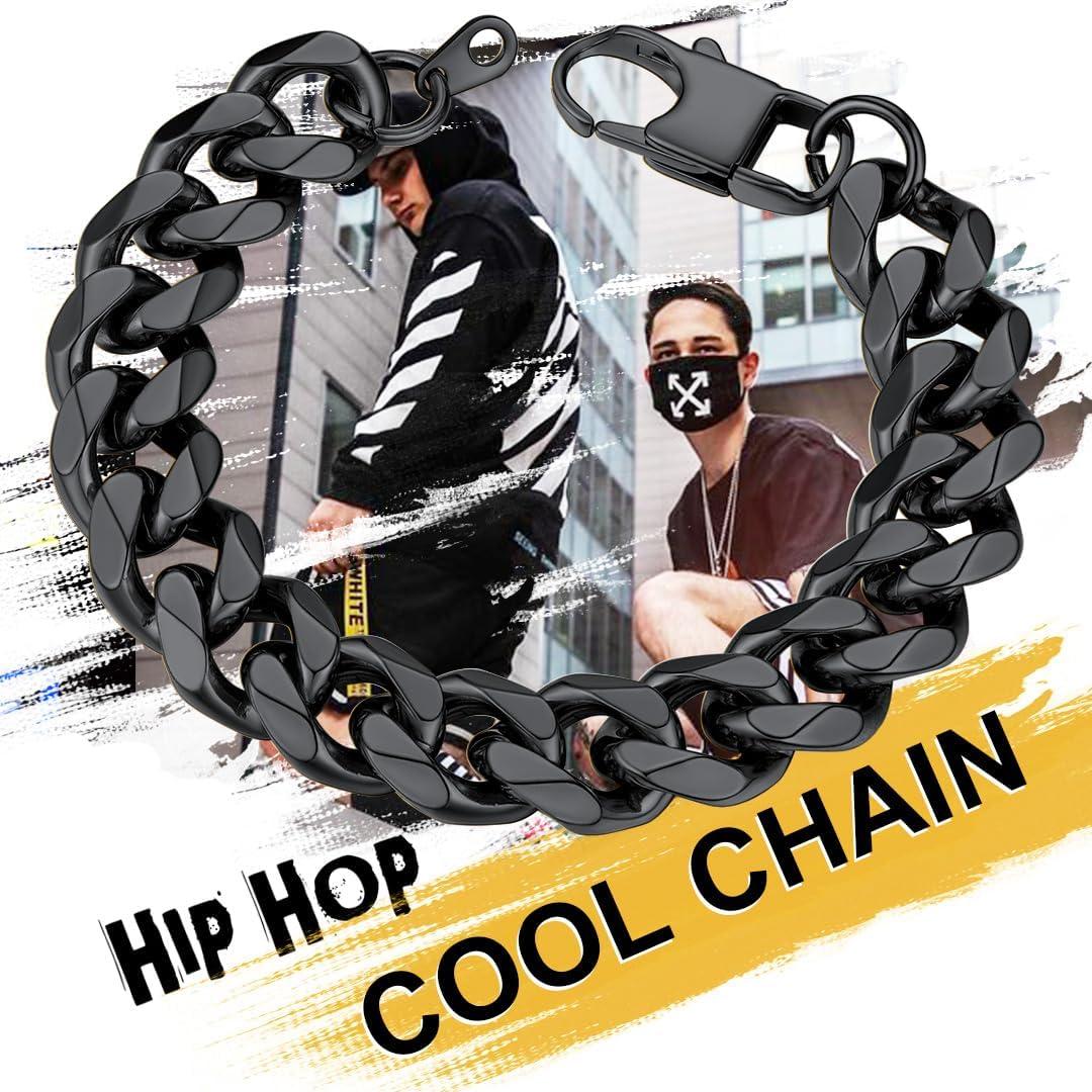imageChainsHouse Cuban Link Bracelet for Men Stainless Steel Mens Bracelet 3MM6MM9MM12MM Width Cuban Chain Wrist Bracelets 63quot83quot Length Send Gift BoxD12MMBlack
