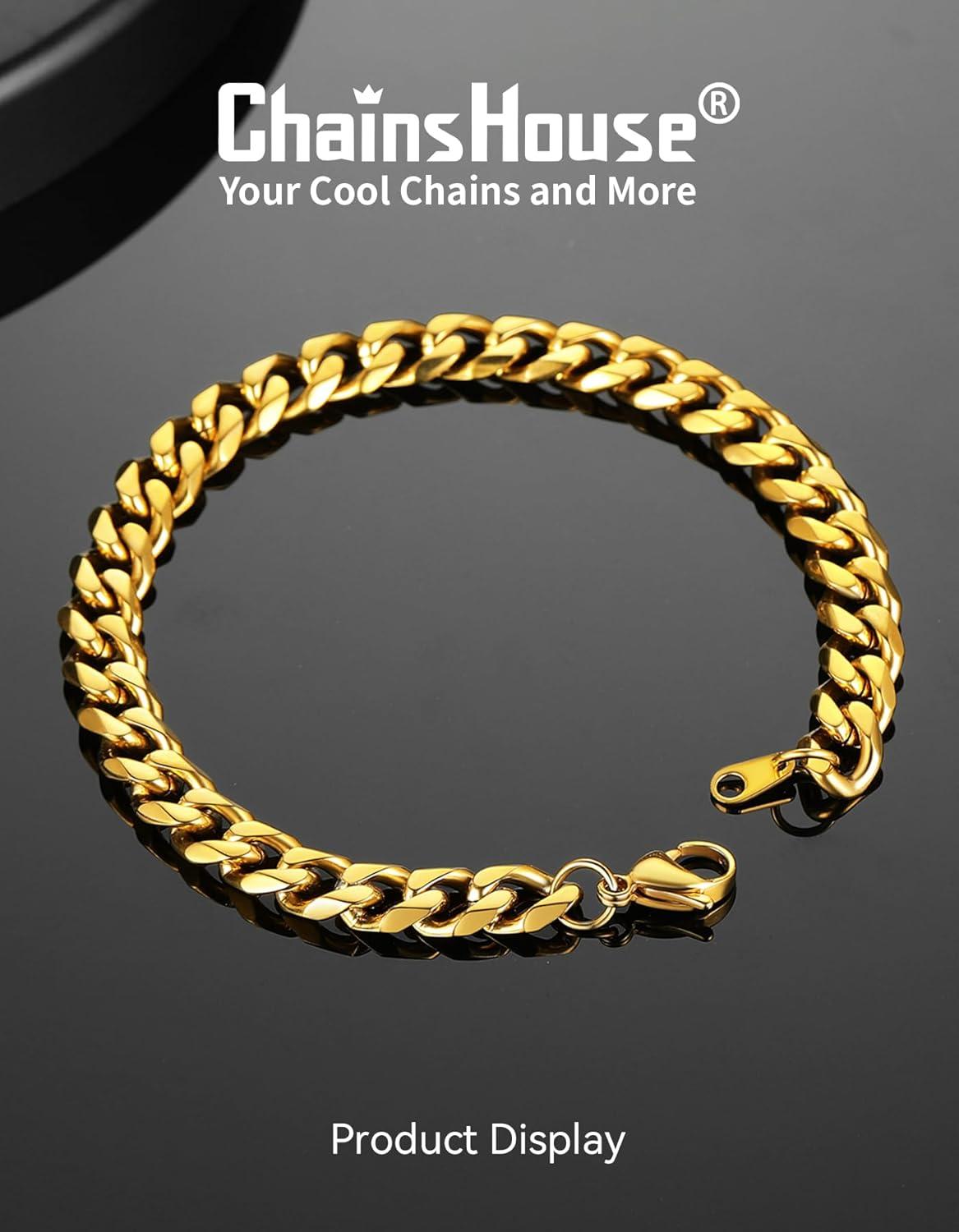 imageChainsHouse Cuban Link Bracelet for Men Stainless Steel Mens Bracelet 3MM6MM9MM12MM Width Cuban Chain Wrist Bracelets 63quot83quot Length Send Gift BoxC9MMGold