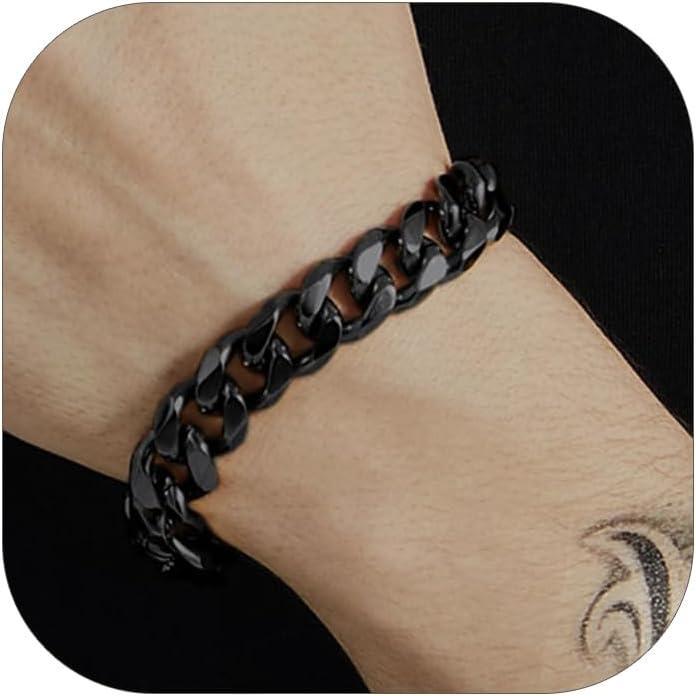 imageChainsHouse Cuban Link Bracelet for Men Stainless Steel Mens Bracelet 3MM6MM9MM12MM Width Cuban Chain Wrist Bracelets 63quot83quot Length Send Gift BoxD12MMBlack